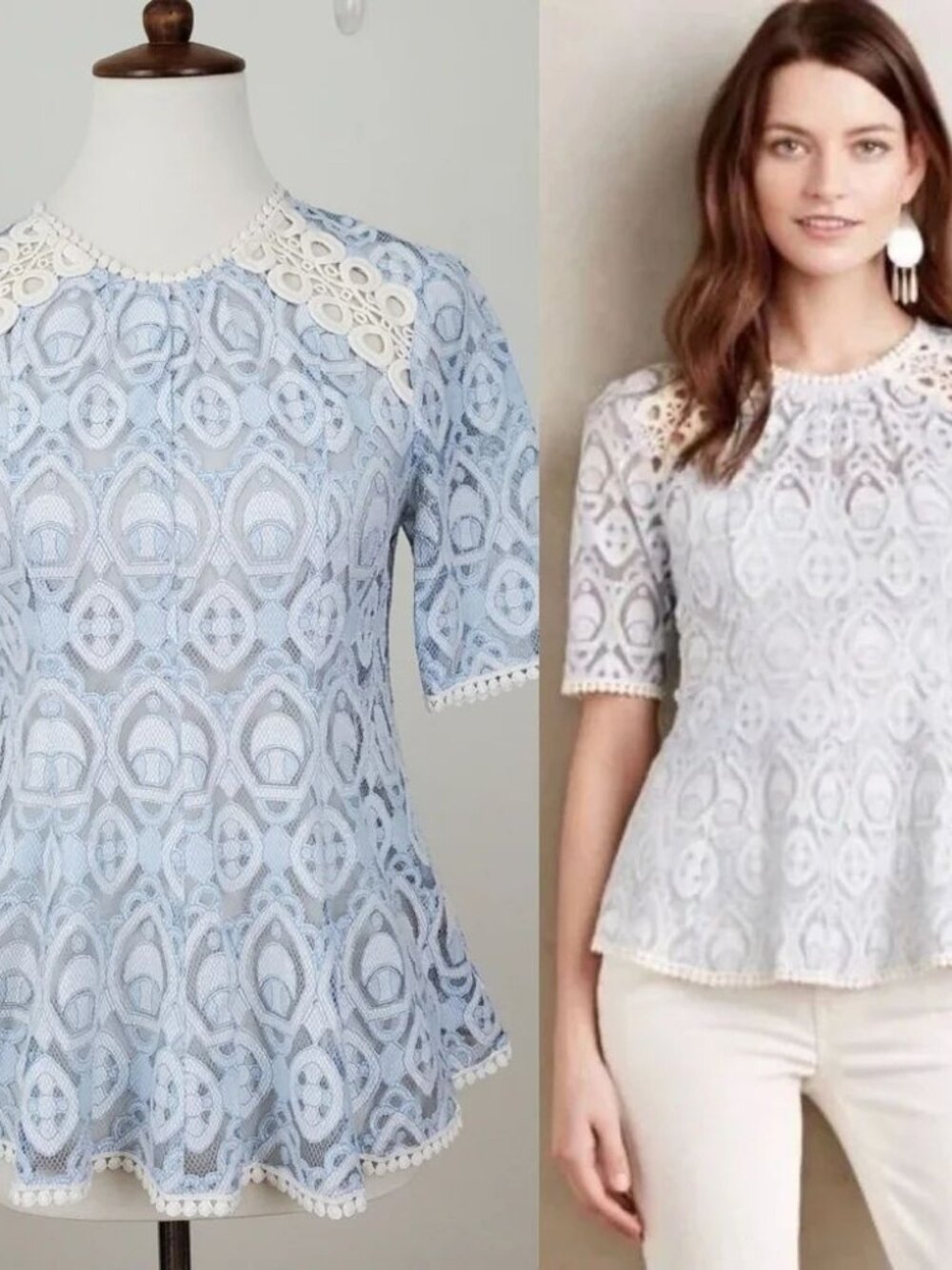 NWT HD in Paris Light Blue Lace Top with Cream Trim Size 4